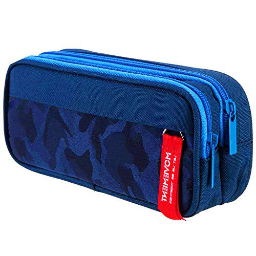 Large Pencil Case for Boys and Girls, lunaoo Lightweight Triple Pockets Pencil Cases with Big Compartments for School Stationary, Camouflage Blue