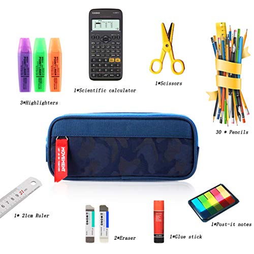 Large Pencil Case for Boys and Girls, lunaoo Lightweight Triple Pockets Pencil Cases with Big Compartments for School Stationary, Camouflage Blue