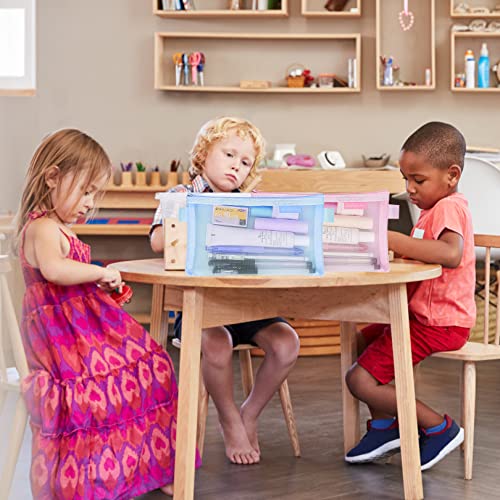 2PCS Mesh Pencil Case Flat Pencil Case for Stationery Notes and Writing Supplies Transparent Pencils Bag for Exams Clear Cases for Students Zippered Storage Bags for Boys and Girls (Pink + Blue)