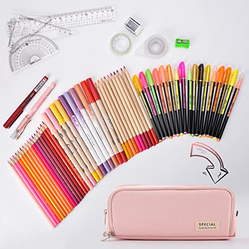 Maomaoyu Large Storage Pencil Case with 3 Compartments for Girls and Boys, Big Capacity Aesthetic Pencil Bag 3 Deckers for School Supplies, Pink
