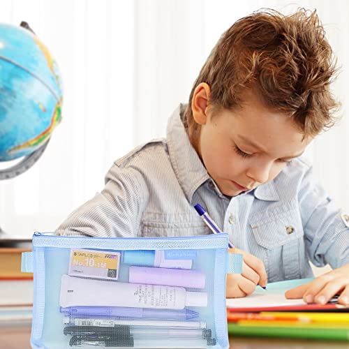 2PCS Mesh Pencil Case Flat Pencil Case for Stationery Notes and Writing Supplies Transparent Pencils Bag for Exams Clear Cases for Students Zippered Storage Bags for Boys and Girls (Pink + Blue)