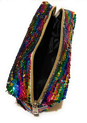 Large Colourful Rainbow Silver Reversible Sequin Pencil Case School College Uni Make Up Bag Pouch for Girls