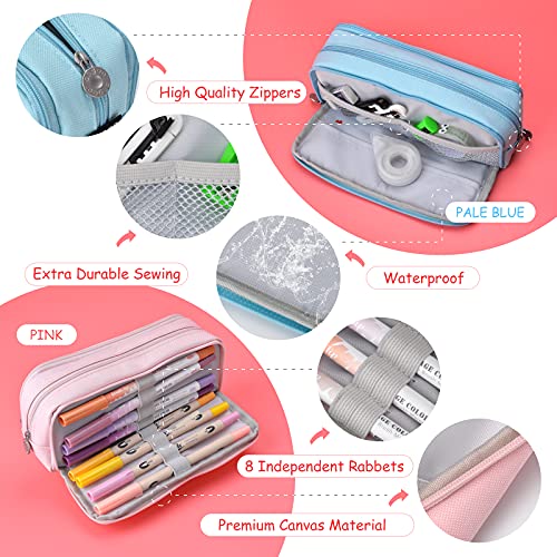 Maomaoyu Large Storage Pencil Case with 3 Compartments for Girls and Boys, Big Capacity Aesthetic Pencil Bag 3 Deckers for School Supplies, Pink