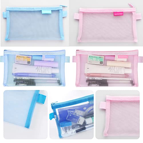 2PCS Mesh Pencil Case Flat Pencil Case for Stationery Notes and Writing Supplies Transparent Pencils Bag for Exams Clear Cases for Students Zippered Storage Bags for Boys and Girls (Pink + Blue)