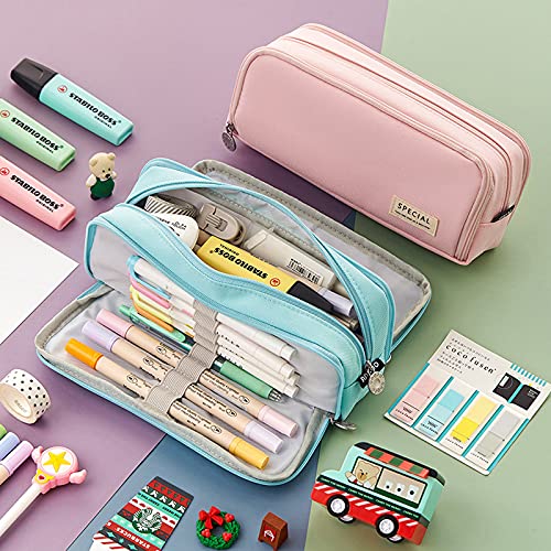 Maomaoyu Large Storage Pencil Case with 3 Compartments for Girls and Boys, Big Capacity Aesthetic Pencil Bag 3 Deckers for School Supplies, Pink