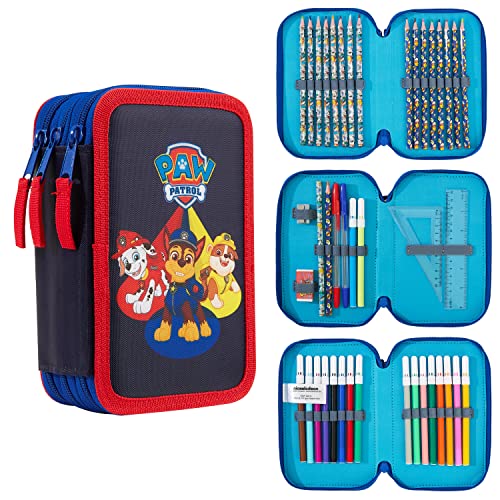 Paw Patrol Pencil Case with Stationery Set Marshall Chase Rubble Filled Pencil Case Multiple Zipped Compartments School Stationery Set Gifts for Kids (Red/Blue Triple Zip)