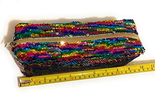 Large Colourful Rainbow Silver Reversible Sequin Pencil Case School College Uni Make Up Bag Pouch for Girls