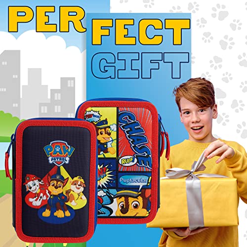 Paw Patrol Pencil Case with Stationery Set Marshall Chase Rubble Filled Pencil Case Multiple Zipped Compartments School Stationery Set Gifts for Kids (Red/Blue Triple Zip)