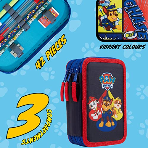 Paw Patrol Pencil Case with Stationery Set Marshall Chase Rubble Filled Pencil Case Multiple Zipped Compartments School Stationery Set Gifts for Kids (Red/Blue Triple Zip)