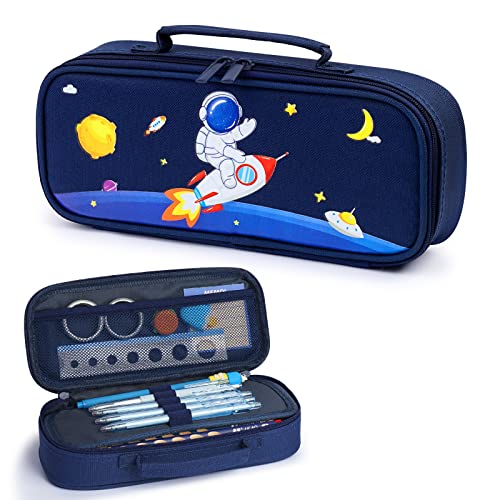 Four Candies Cute Pencil Case for Boys, Big Capacity Canvas Kawaii Pencil Pouch with Zipper & Handle, Waterproof and Durable Compartment Large Storage Pencil Bag for Kids in School - Astronaut