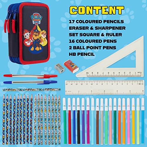 Paw Patrol Pencil Case with Stationery Set Marshall Chase Rubble Filled Pencil Case Multiple Zipped Compartments School Stationery Set Gifts for Kids (Red/Blue Triple Zip)