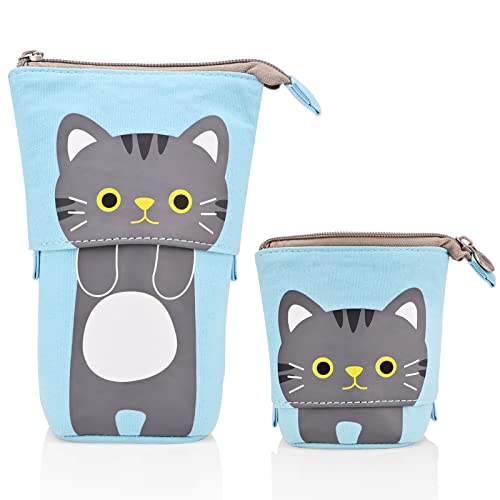 Cute Carton Stand up Pencil Holder,Canvas Pen Pencil Case Organizer Transformer Stand Store Pencil Case Box, Telescopic Stationery Pouch Bag with Zipper Closure for Boys Girls Students (Blue)