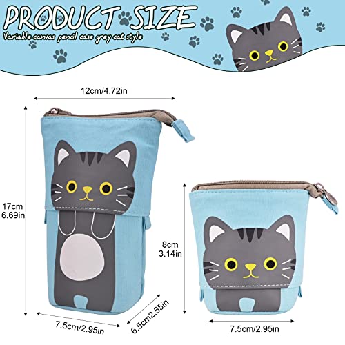 Cute Carton Stand up Pencil Holder,Canvas Pen Pencil Case Organizer Transformer Stand Store Pencil Case Box, Telescopic Stationery Pouch Bag with Zipper Closure for Boys Girls Students (Blue)