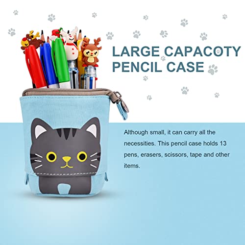Cute Carton Stand up Pencil Holder,Canvas Pen Pencil Case Organizer Transformer Stand Store Pencil Case Box, Telescopic Stationery Pouch Bag with Zipper Closure for Boys Girls Students (Blue)