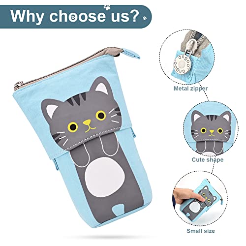 Cute Carton Stand up Pencil Holder,Canvas Pen Pencil Case Organizer Transformer Stand Store Pencil Case Box, Telescopic Stationery Pouch Bag with Zipper Closure for Boys Girls Students (Blue)