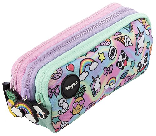 Fringoo® 3 Compartment Pencil Case for Kids School Stationery Holder Funny Cute (Holo Doodle - 3 Compartments)