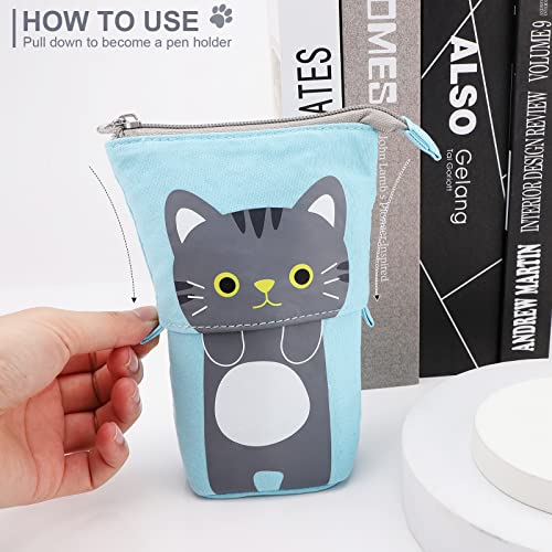 Cute Carton Stand up Pencil Holder,Canvas Pen Pencil Case Organizer Transformer Stand Store Pencil Case Box, Telescopic Stationery Pouch Bag with Zipper Closure for Boys Girls Students (Blue)