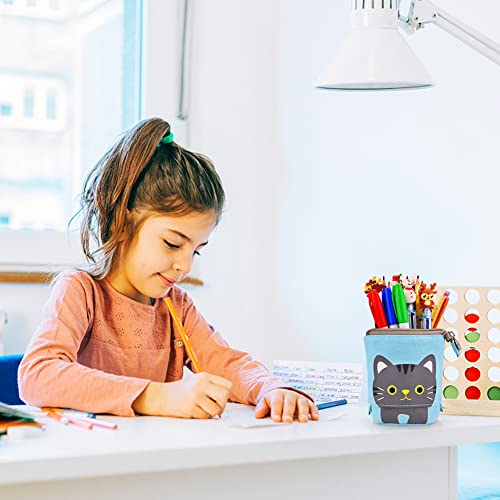 Cute Carton Stand up Pencil Holder,Canvas Pen Pencil Case Organizer Transformer Stand Store Pencil Case Box, Telescopic Stationery Pouch Bag with Zipper Closure for Boys Girls Students (Blue)