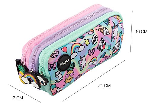 Fringoo® 3 Compartment Pencil Case for Kids School Stationery Holder Funny Cute (Holo Doodle - 3 Compartments)