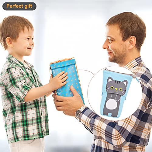 Cute Carton Stand up Pencil Holder,Canvas Pen Pencil Case Organizer Transformer Stand Store Pencil Case Box, Telescopic Stationery Pouch Bag with Zipper Closure for Boys Girls Students (Blue)