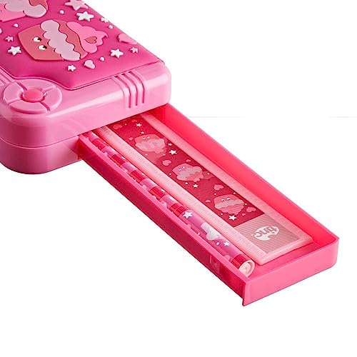 Tinc Mallo Character Pop Out Pencil Case Pink | Pop Out Compartment with Push Button | Includes Pencil with Eraser Topper, Ballpoint Pen & 15cm Ruler | 3 Compartments | for School