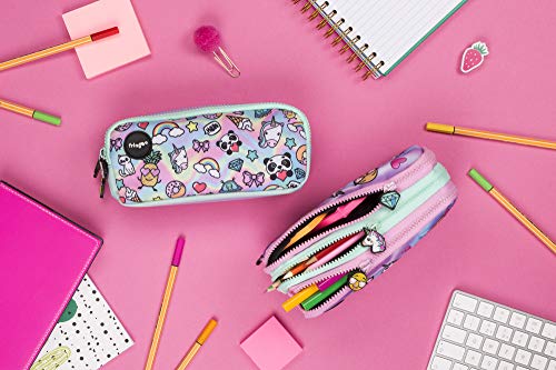 Fringoo® 3 Compartment Pencil Case for Kids School Stationery Holder Funny Cute (Holo Doodle - 3 Compartments)
