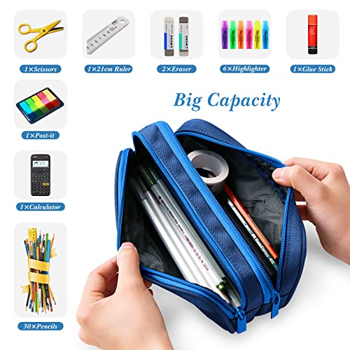 Maomaoyu Large Capacity Pencil Case for Boys and Girls, Lightweight Waterproof Triple Pocket Pencil Cases, Camo Navy Blue