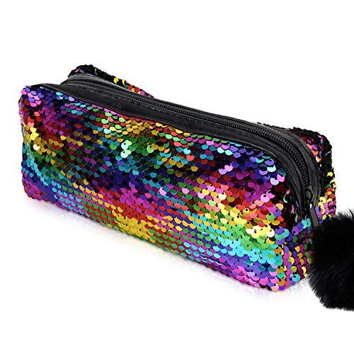 PHOGARY Mermaid Sequins Pencil Case for Girls (Reversible Color), Glitter Cosmetic Makeup Handbag Purse for Women with Pompom Zip Closure(Rainbow with Gold)