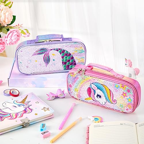 WAWSAM Unicorn Sequins Pencil Case - Portable Pencil Case for Girls Pencil Pouch for Elementary Preschool Home School Supplies Reversible Glitter Pen Bag for Girls Kids Teen