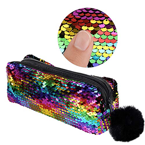 PHOGARY Mermaid Sequins Pencil Case for Girls (Reversible Color), Glitter Cosmetic Makeup Handbag Purse for Women with Pompom Zip Closure(Rainbow with Gold)