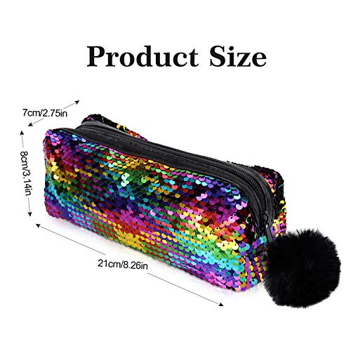 PHOGARY Mermaid Sequins Pencil Case for Girls (Reversible Color), Glitter Cosmetic Makeup Handbag Purse for Women with Pompom Zip Closure(Rainbow with Gold)