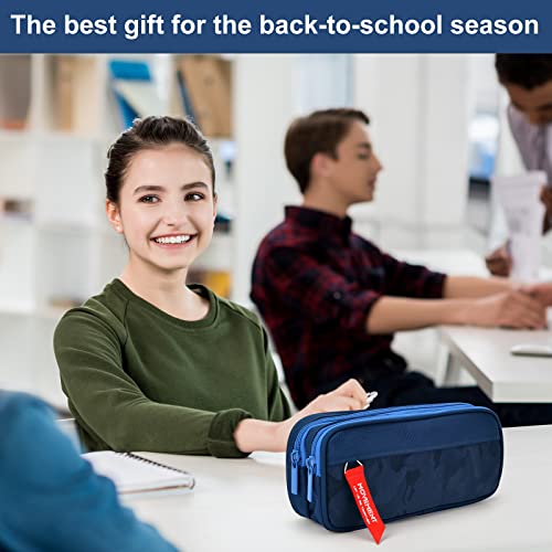 Maomaoyu Large Capacity Pencil Case for Boys and Girls, Lightweight Waterproof Triple Pocket Pencil Cases, Camo Navy Blue