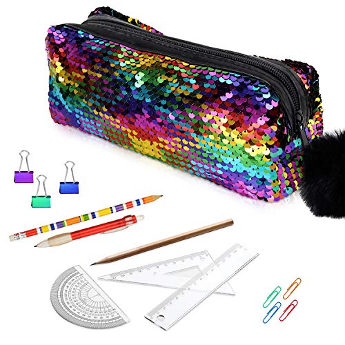 PHOGARY Mermaid Sequins Pencil Case for Girls (Reversible Color), Glitter Cosmetic Makeup Handbag Purse for Women with Pompom Zip Closure(Rainbow with Gold)