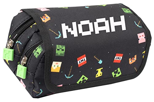 Minecraft - Large Pencil Case - Personalised Design Boys and Girls Pencil Case - 2 Spacious Compartments - Carry Handle - Stationery Supplies for Kids - Black