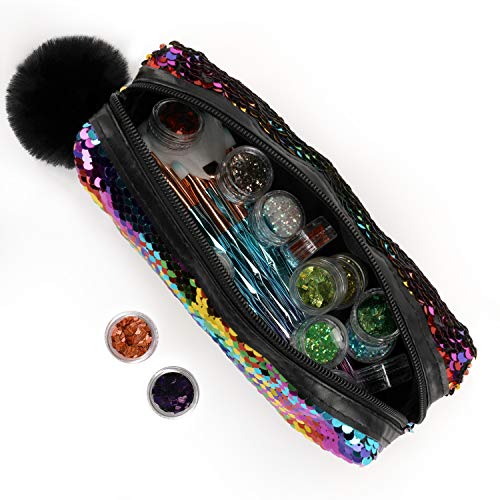 PHOGARY Mermaid Sequins Pencil Case for Girls (Reversible Color), Glitter Cosmetic Makeup Handbag Purse for Women with Pompom Zip Closure(Rainbow with Gold)