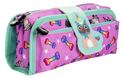 Fringoo Sillicone Patch Kids Pencil Case 2 Zipped Compartments Funny Large Stationery Pouch for Teenagers School University (Pugicorn)