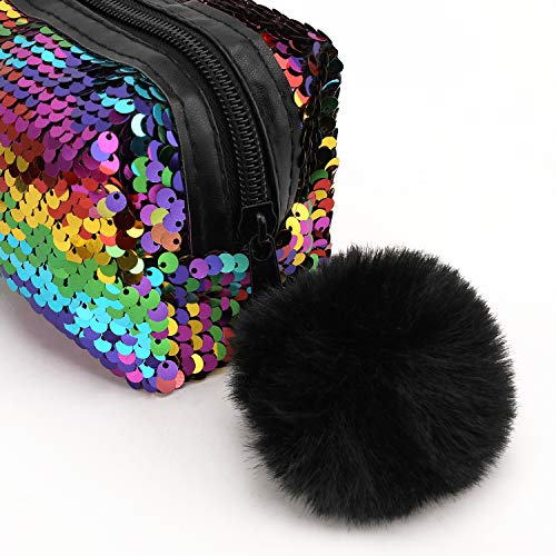 PHOGARY Mermaid Sequins Pencil Case for Girls (Reversible Color), Glitter Cosmetic Makeup Handbag Purse for Women with Pompom Zip Closure(Rainbow with Gold)