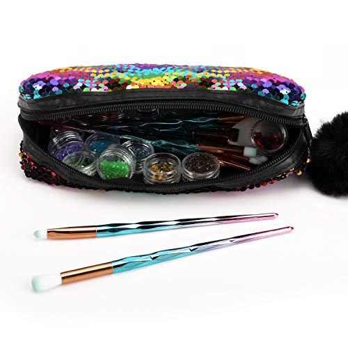 PHOGARY Mermaid Sequins Pencil Case for Girls (Reversible Color), Glitter Cosmetic Makeup Handbag Purse for Women with Pompom Zip Closure(Rainbow with Gold)
