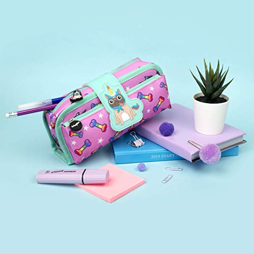 Fringoo Sillicone Patch Kids Pencil Case 2 Zipped Compartments Funny Large Stationery Pouch for Teenagers School University (Pugicorn)