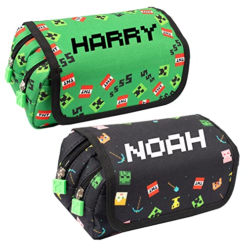 Minecraft - Large Pencil Case - Personalised Design Boys and Girls Pencil Case - 2 Spacious Compartments - Carry Handle - Stationery Supplies for Kids - Black