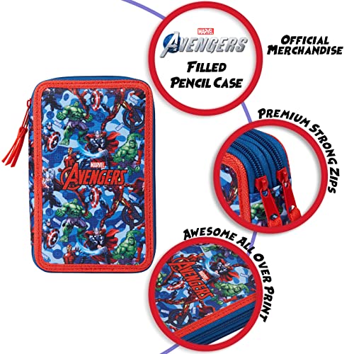 Marvel Pencil Case with Stationery Included School Supplies Filled Large Pencil Case Multiple Compartments Colouring Pencils Pens Boys Stationery Set Gifts for Boys (Avengers Blue/Red)
