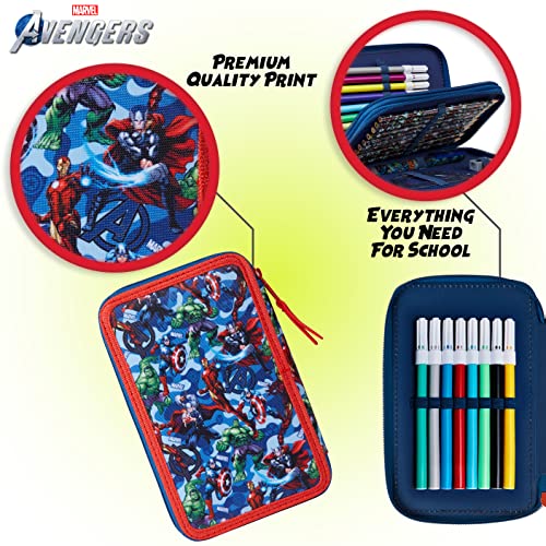 Marvel Pencil Case with Stationery Included School Supplies Filled Large Pencil Case Multiple Compartments Colouring Pencils Pens Boys Stationery Set Gifts for Boys (Avengers Blue/Red)