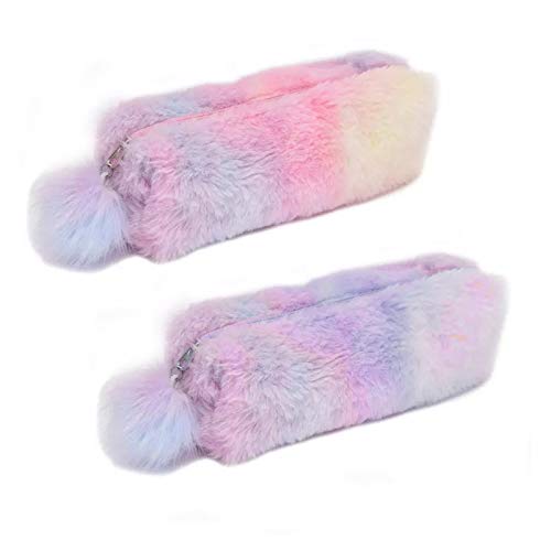 2Pcs Plush Rainbow Pencil Case for Girls Fluffy Pencil Case Cute Rainbow Pencil Holder Soft Pencil Case Fluffy Pencil Bag Makeup Pouch Colored Storage Bags Large Capacity School Supplies for Kids