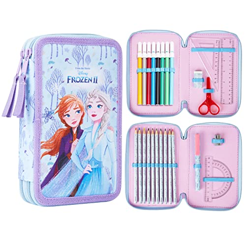 Disney Stitch Pencil Case with Stationery for Girls Frozen Filled Pencil Case School Supplies Colouring Pencils Coloured Markers Stitch Gifts for Girls (Frozen Double Zip)