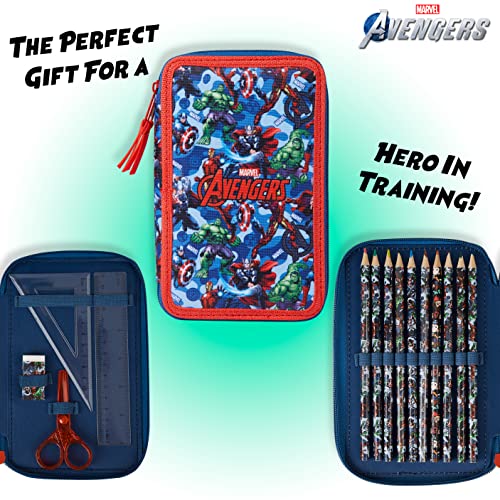 Marvel Pencil Case with Stationery Included School Supplies Filled Large Pencil Case Multiple Compartments Colouring Pencils Pens Boys Stationery Set Gifts for Boys (Avengers Blue/Red)