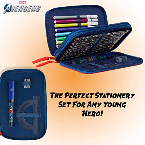 Marvel Pencil Case with Stationery Included School Supplies Filled Large Pencil Case Multiple Compartments Colouring Pencils Pens Boys Stationery Set Gifts for Boys (Avengers Blue/Red)