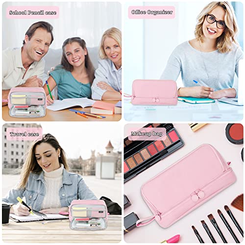 Tesmien Pencil Case, Large Pencil Case With 4 Compartments Stationery Organizer for Boys and Girls, Aesthetic Pencil Bag Suitable for Kids Teenagers Students Women Men, Pink