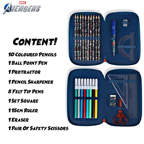 Marvel Pencil Case with Stationery Included School Supplies Filled Large Pencil Case Multiple Compartments Colouring Pencils Pens Boys Stationery Set Gifts for Boys (Avengers Blue/Red)