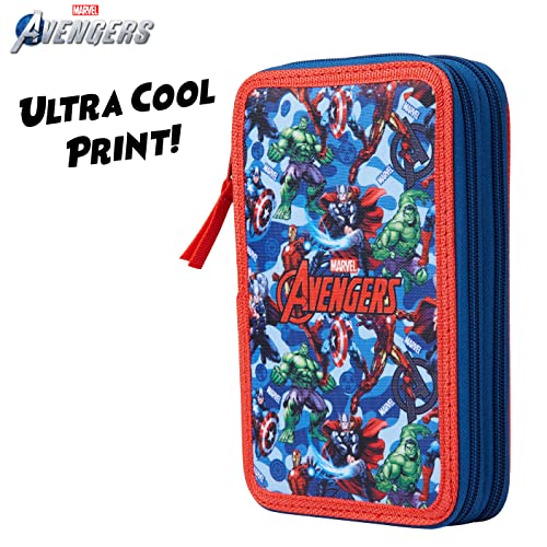 Marvel Pencil Case with Stationery Included School Supplies Filled Large Pencil Case Multiple Compartments Colouring Pencils Pens Boys Stationery Set Gifts for Boys (Avengers Blue/Red)