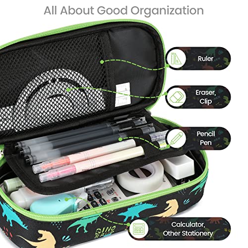 Bagseri Pencil Case Boys, Large Capacity Pen Pouch with Double Zip Closure Cute Pencil Case Stationery Desk Organizer for Kids School Office Supplies Kids Pencil Case(Black/Dinosaur)